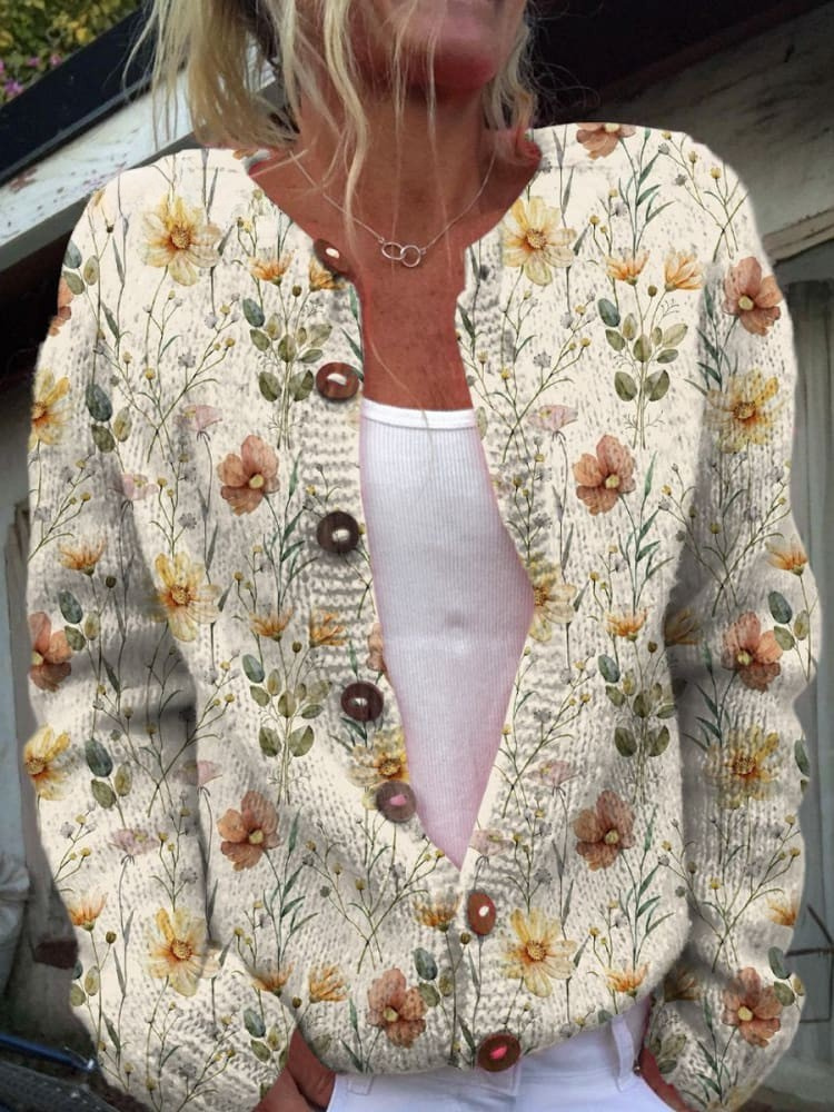 Watercolor Garden Floral Pattern Printed Buttoned Cardigan Sweater