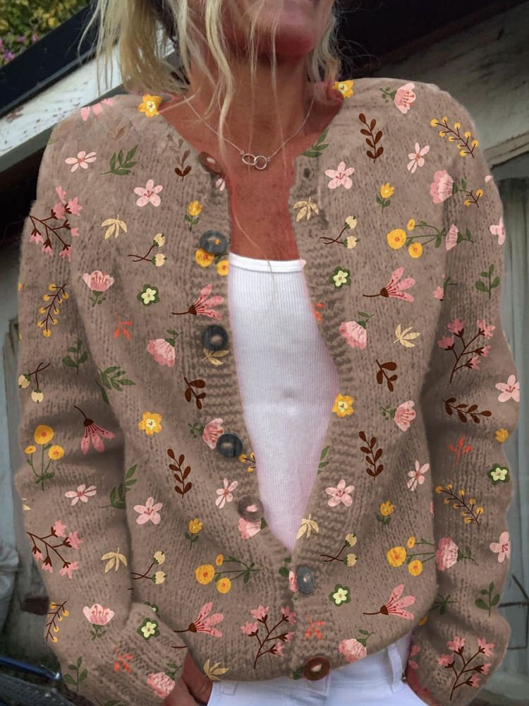 Floral Print Buttoned Casual Cardigan  Sweater