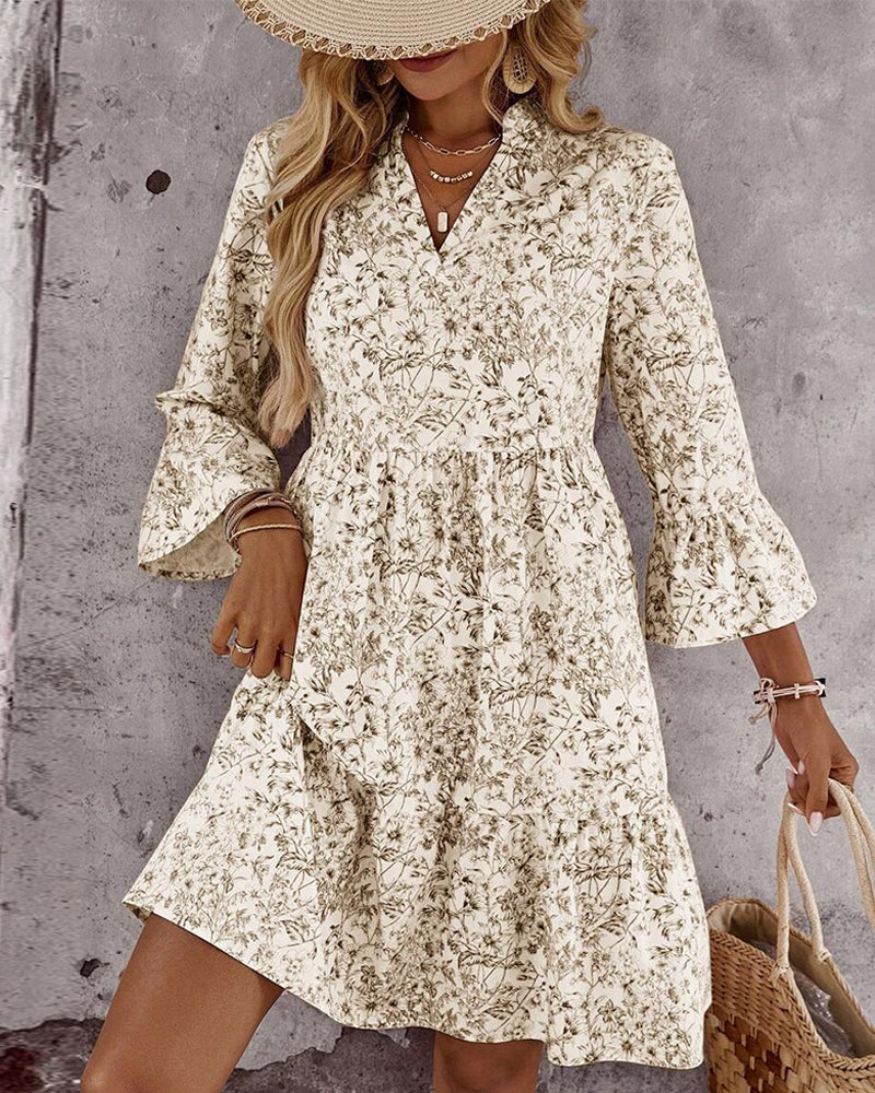 Dress with Stand Collar Floral Print A-Line