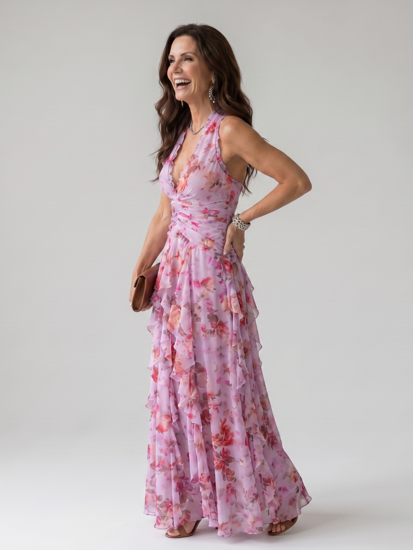 Liora | Halter Neck Ruched Bodice Floral Maxi Dress