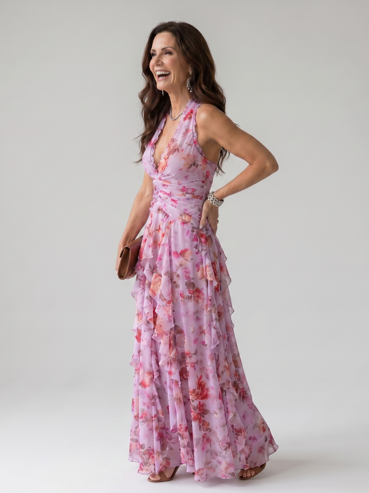 Liora | Halter Neck Ruched Bodice Floral Maxi Dress