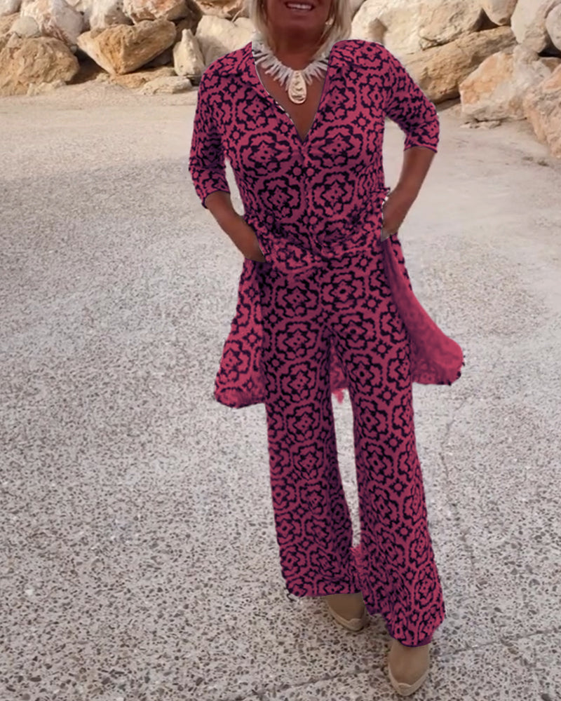Cassandra | Women's Printed V-Neck Tunic & Wide-Leg Pants Set