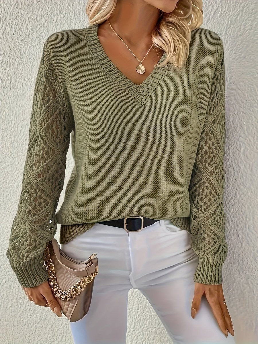 Aviana | Elegant Lace-Sleeve V-Neck Knitted Sweater