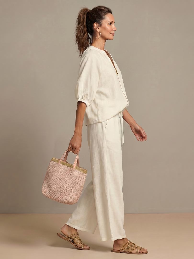Helena | Zip-Front Blouson Top & Wide-Leg Trousers Two-Piece Set