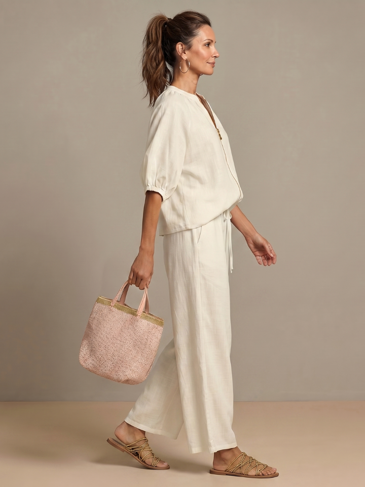 Helena | Zip-Front Blouson Top & Wide-Leg Trousers Two-Piece Set