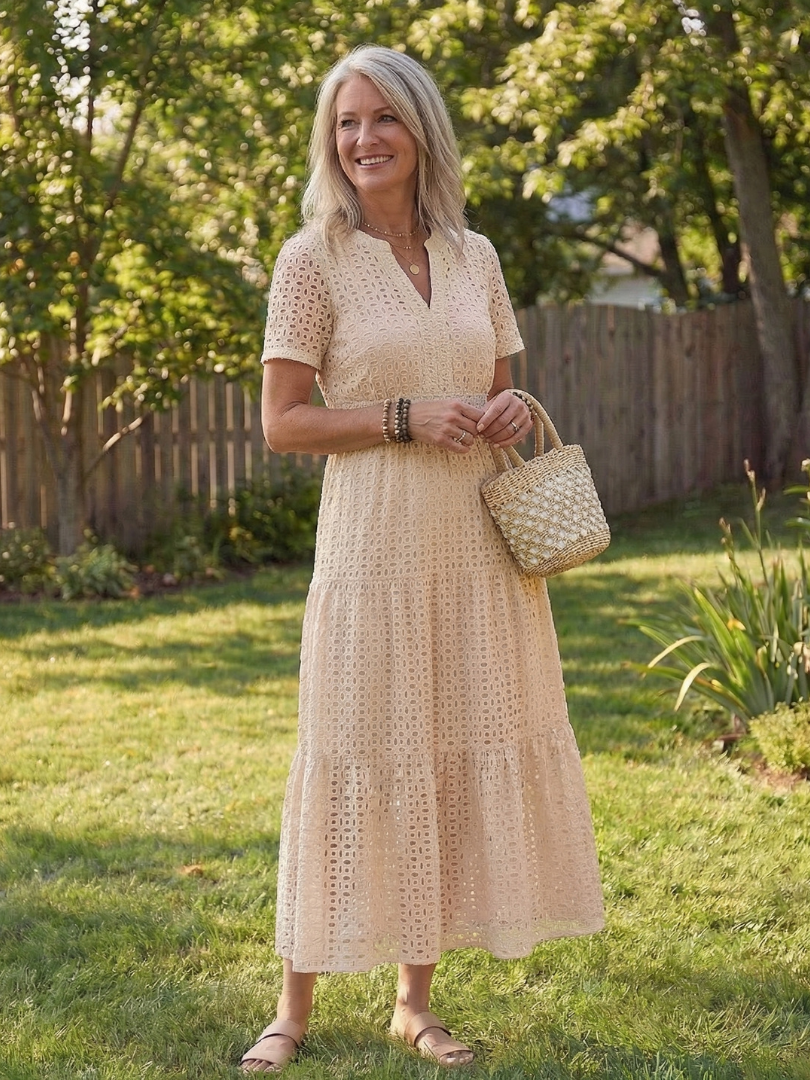Keyla | Short Sleeve Eyelet Tiered Midi Dress