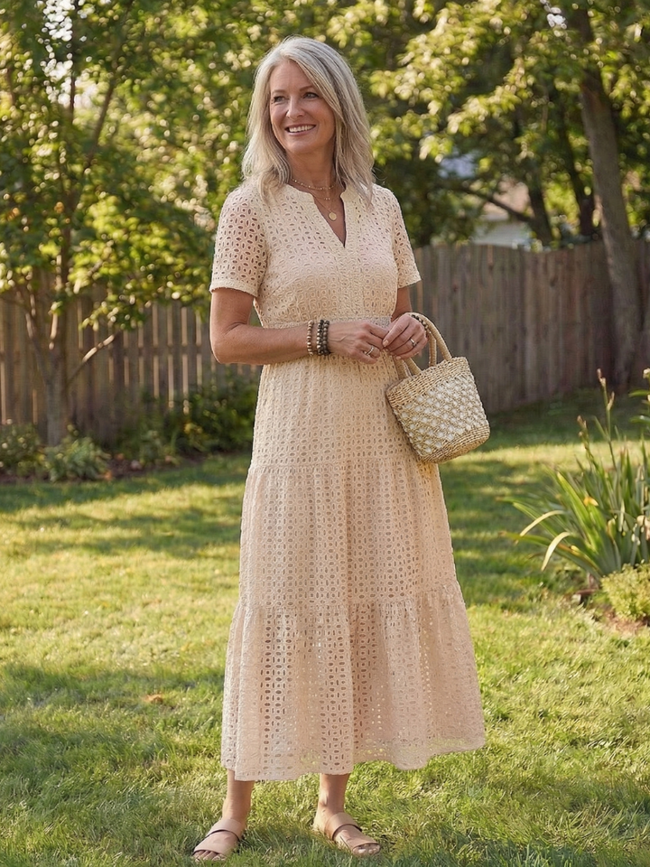 Keyla | Short Sleeve Eyelet Tiered Midi Dress