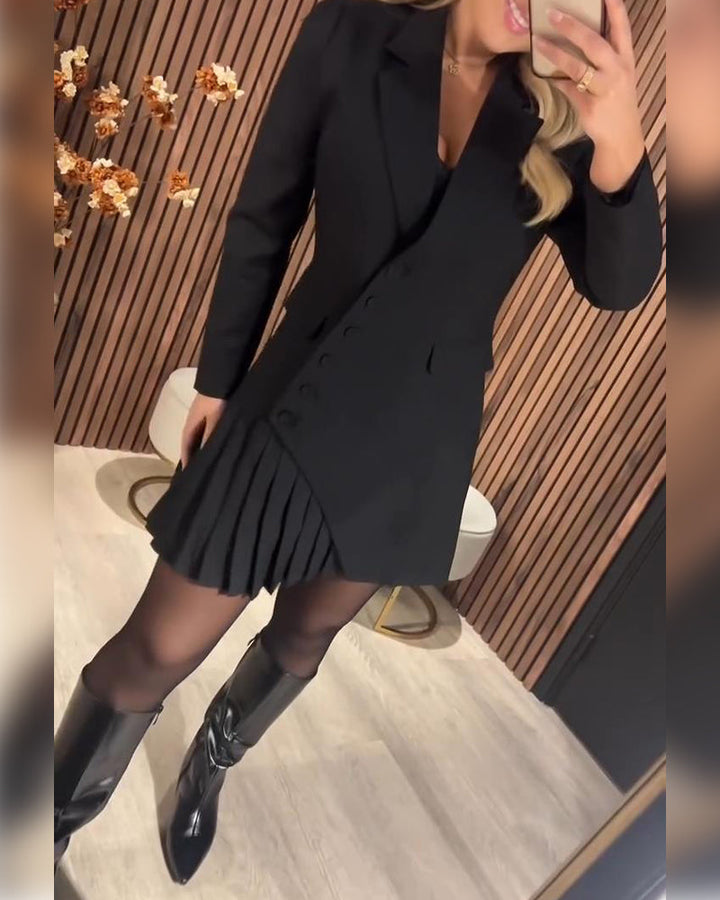 Solid Color Dress with Lapel and Blazer Style