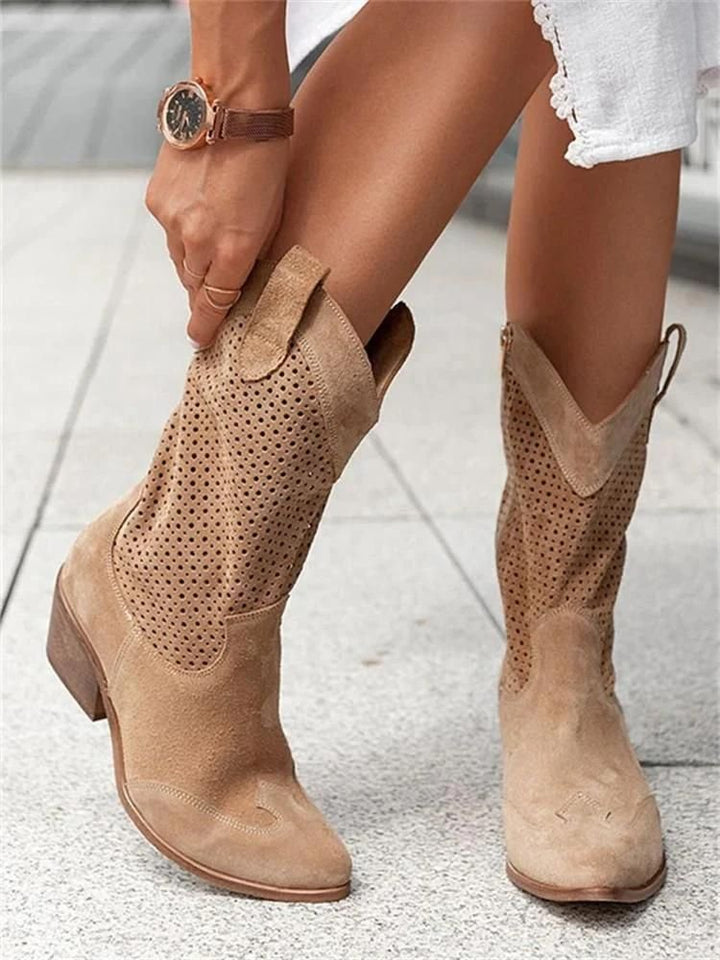 Paulina | Perforated Leather Cowboy Boots with Block Heel