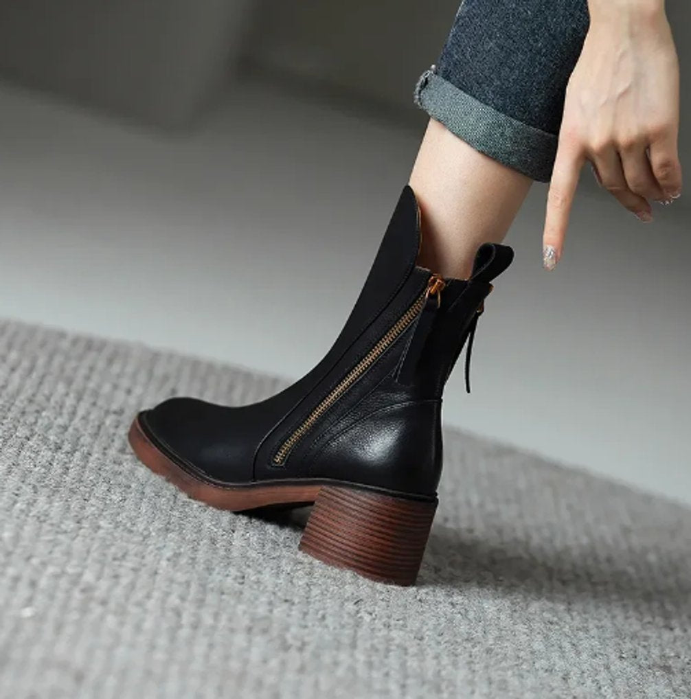 Samira | Smooth Leather Side-Zip Block-Heel Ankle Boots