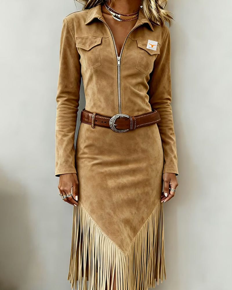 Solid Color Dress With Half Zipper And Tassel