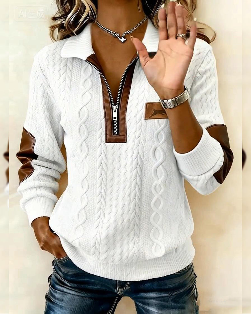 Long Sleeve Sweatshirt with Zipper and Color Blocking