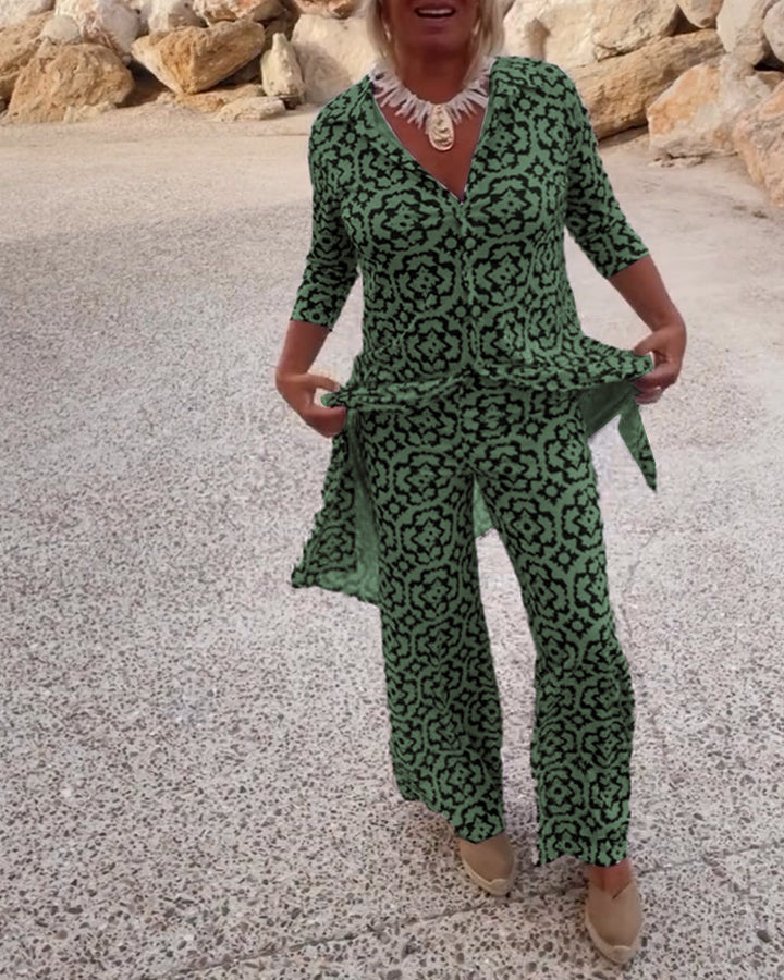 Cassandra | Women's Printed V-Neck Tunic & Wide-Leg Pants Set