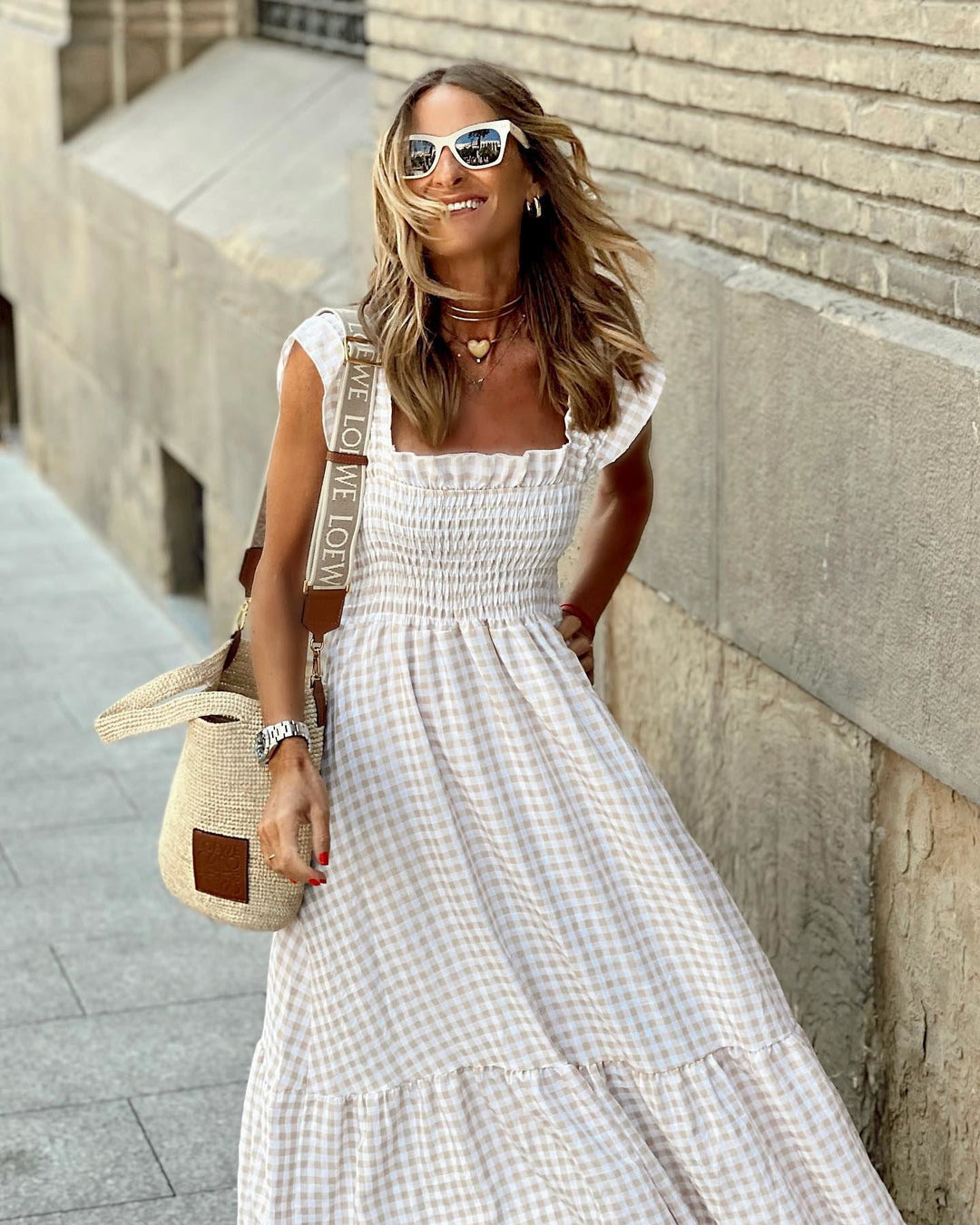 AURORA – PLAID RUFFLED-SLEEVE SMOCKED MAXI DRESS
