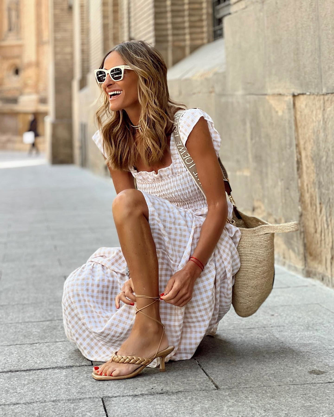 AURORA – PLAID RUFFLED-SLEEVE SMOCKED MAXI DRESS