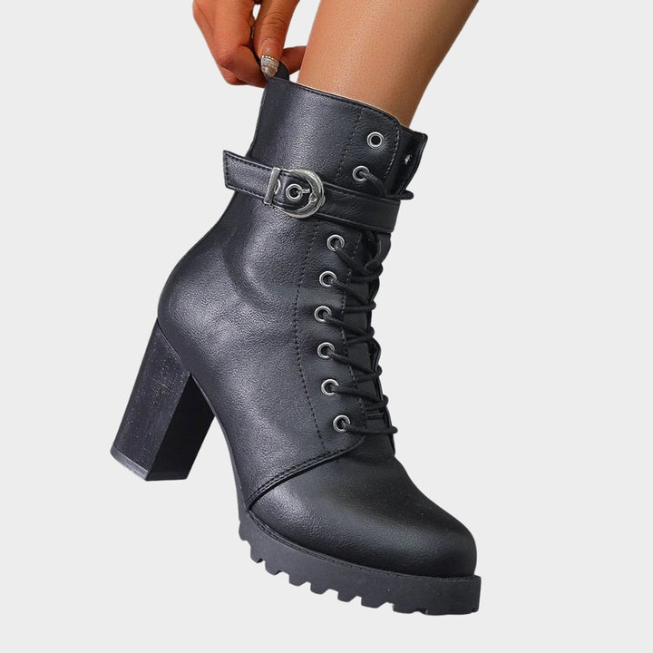 Rowena | Lace-Up Buckle Block Heel Combat Ankle Boots