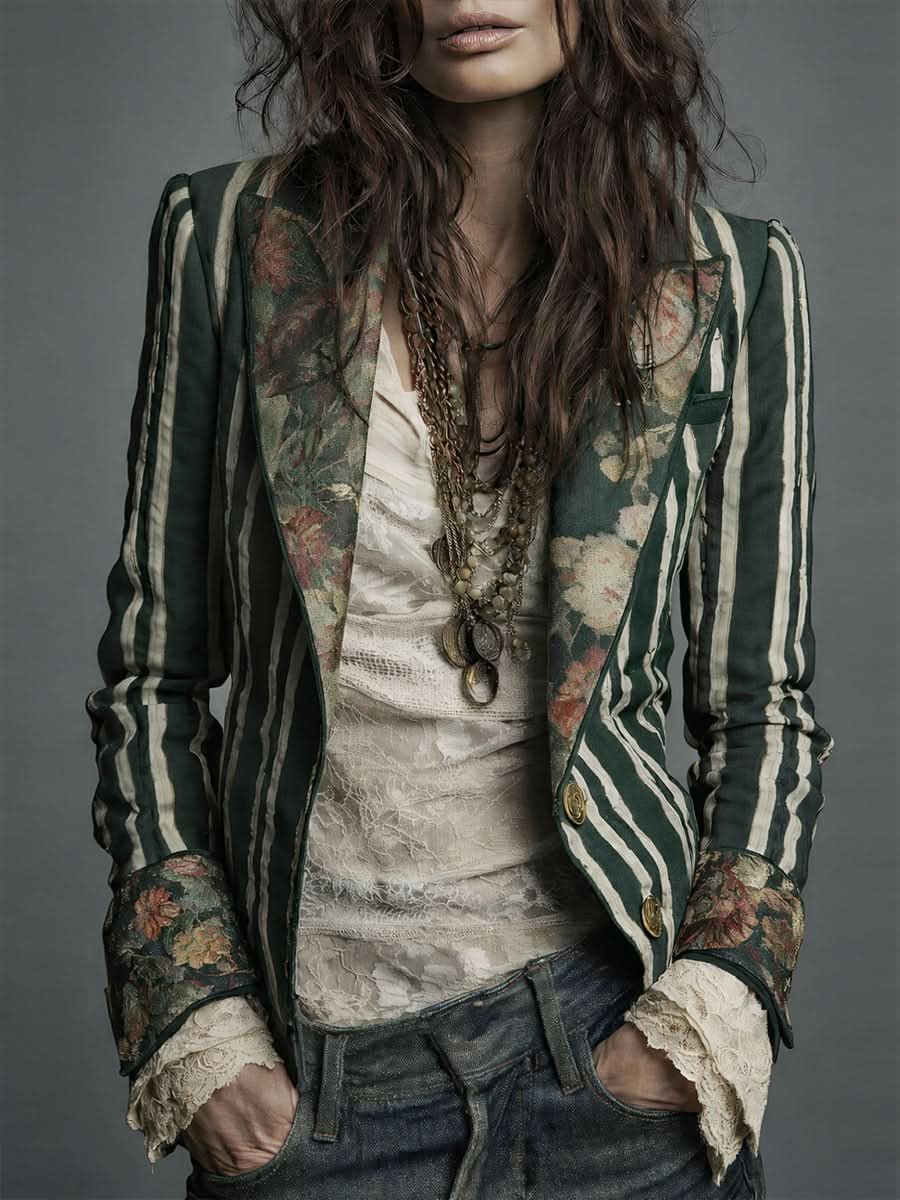 Naomi | Bohemian Floral Design Striped Blazer