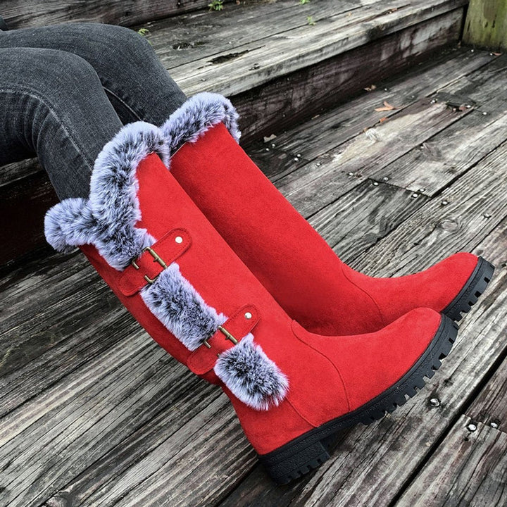 Juliette | Women's Faux Suede Fur-Trim Buckle Knee-High Boots