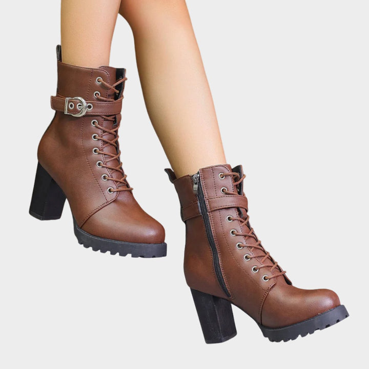 Rowena | Lace-Up Buckle Block Heel Combat Ankle Boots