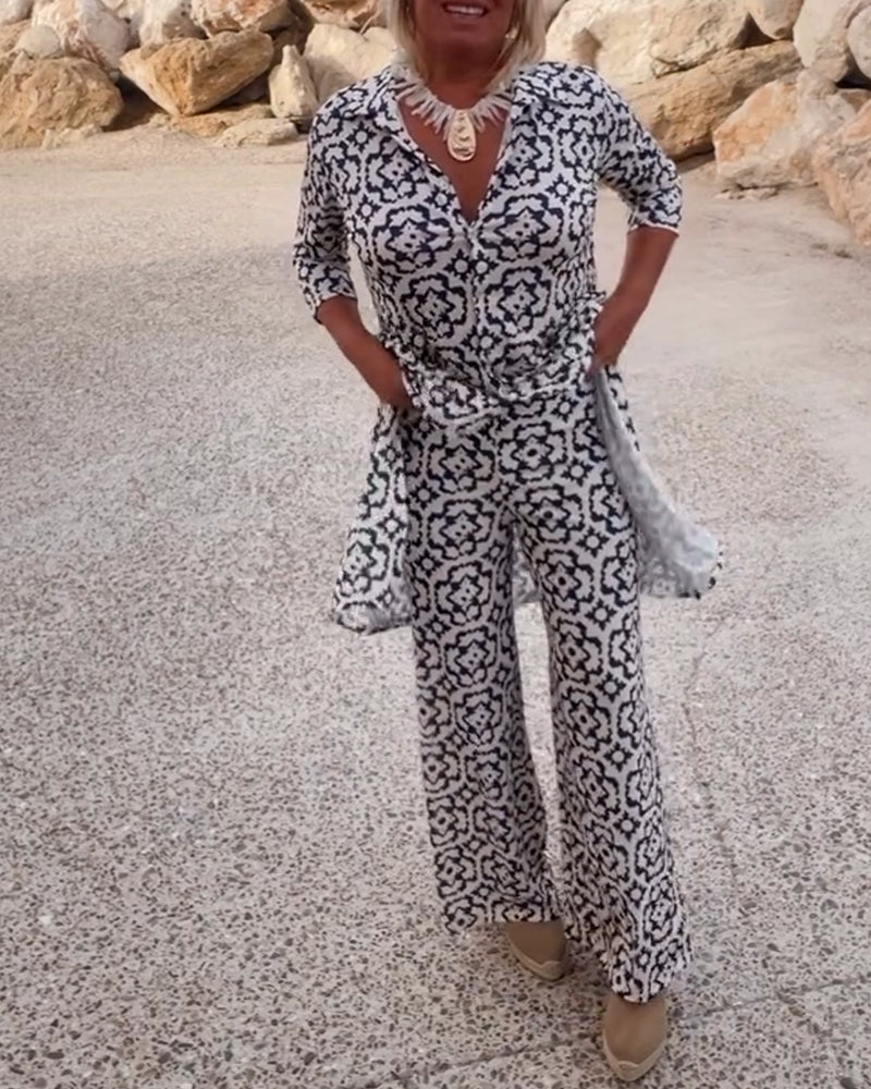 Cassandra | Women's Printed V-Neck Tunic & Wide-Leg Pants Set
