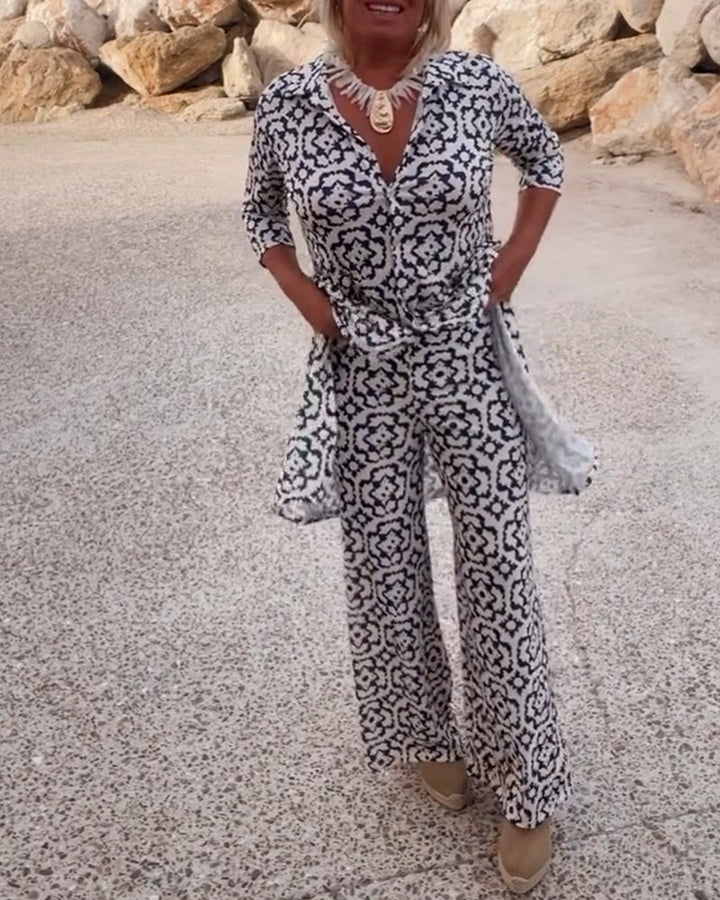 Cassandra | Women's Printed V-Neck Tunic & Wide-Leg Pants Set