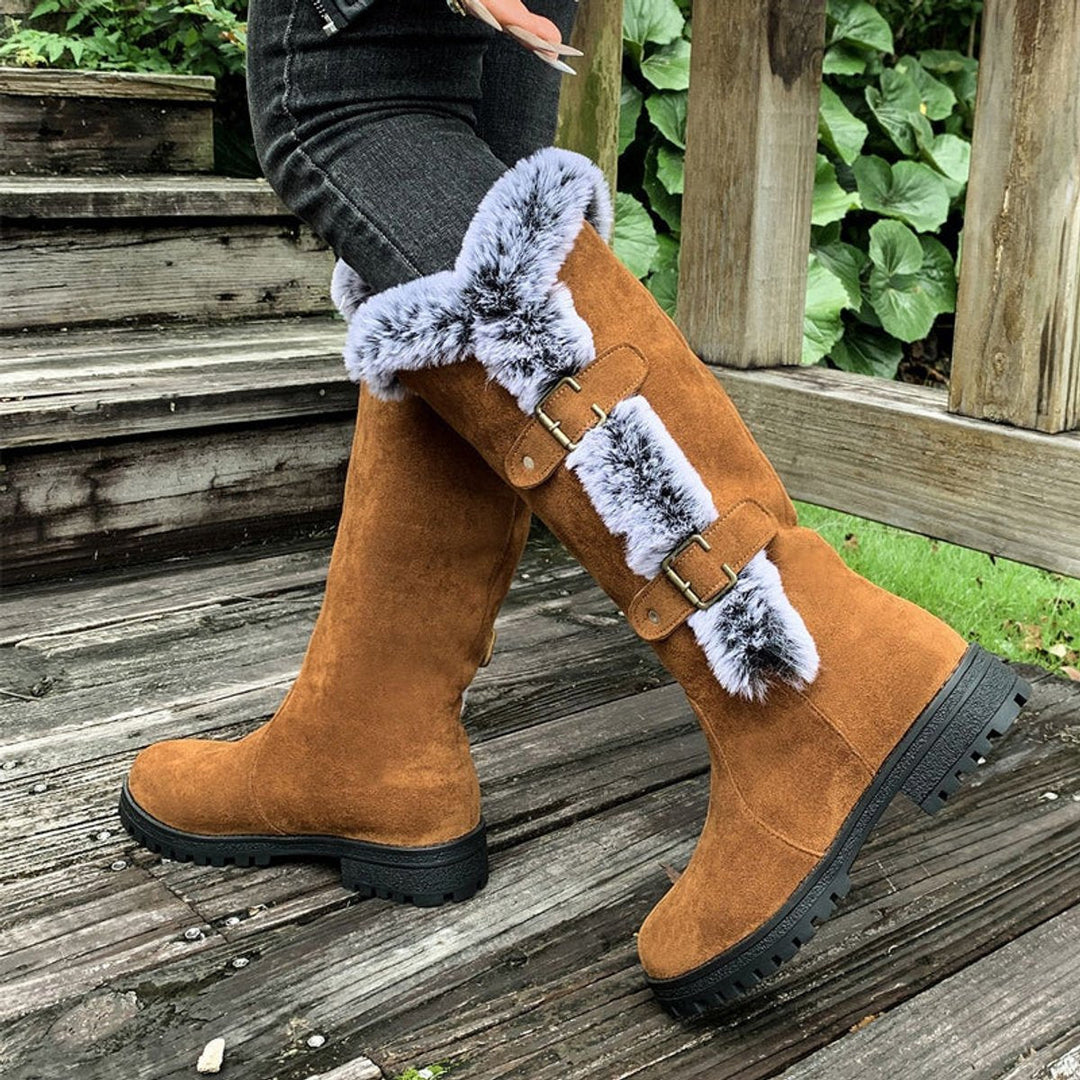 Juliette | Women's Faux Suede Fur-Trim Buckle Knee-High Boots
