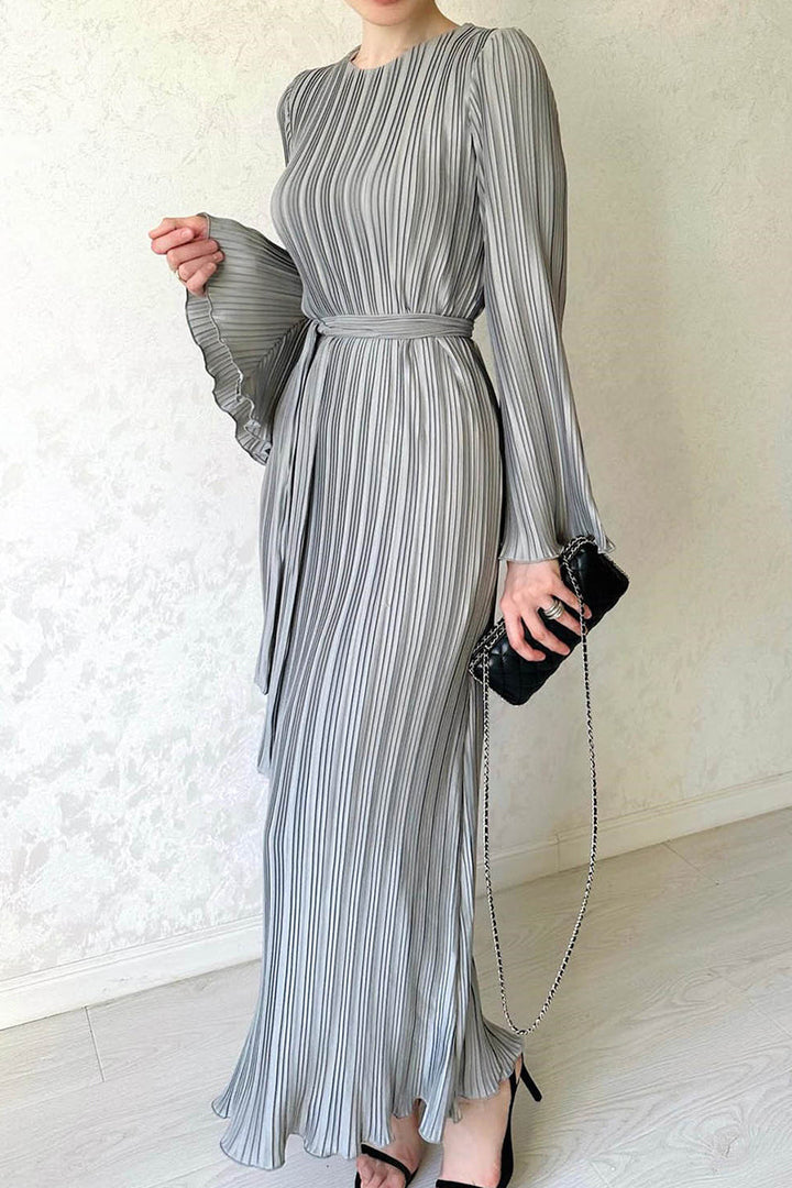 ELANI – STREET SOLID PATCHWORK PLEATED LONG DRESS
