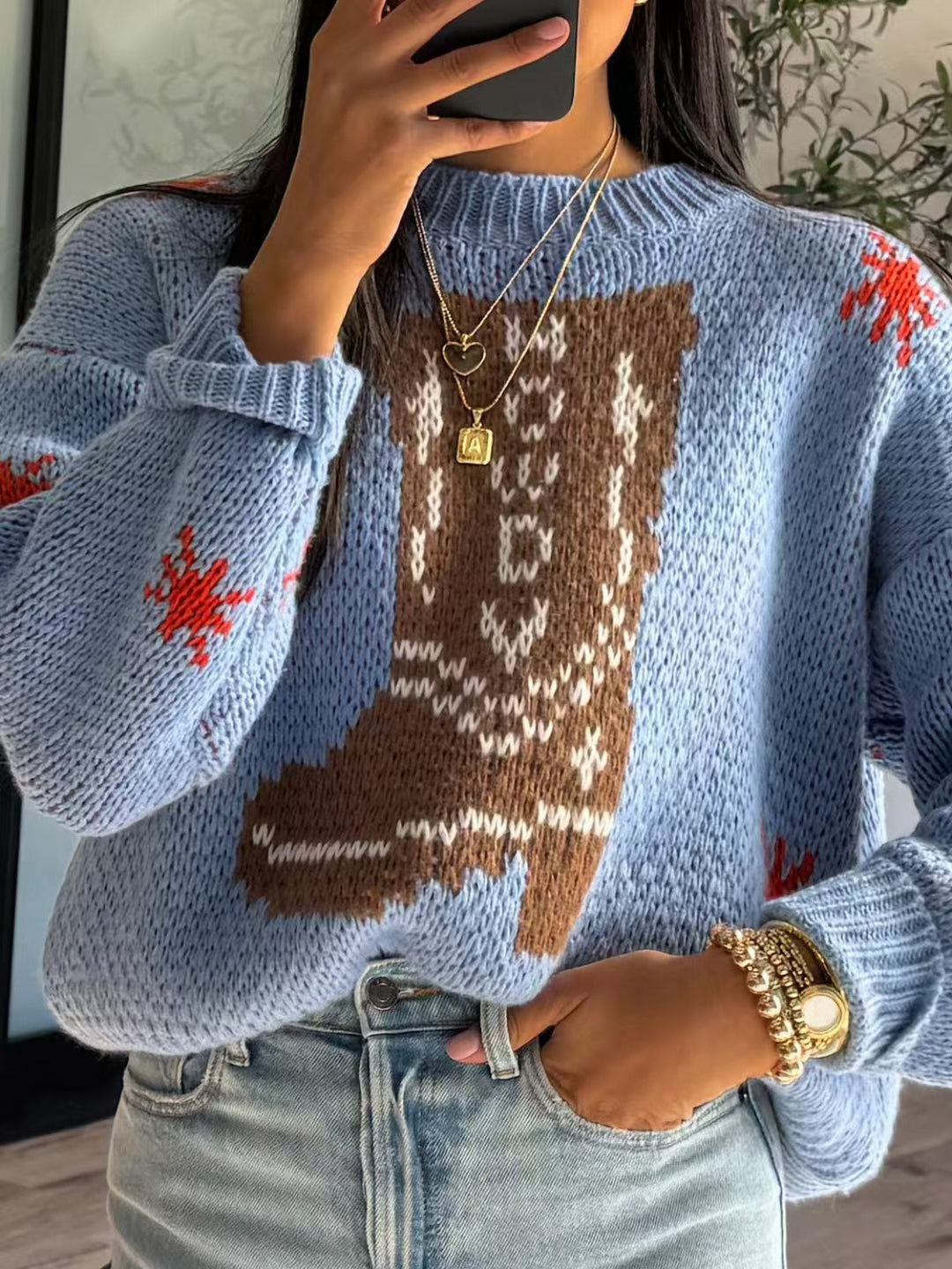 Linda | Women's Boot Pattern Round Neck Winter Sweater