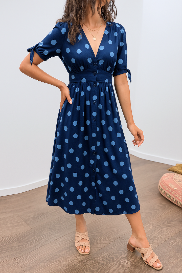FREYA – ELEGANT POLKA DOT DRESS WITH V-NECK