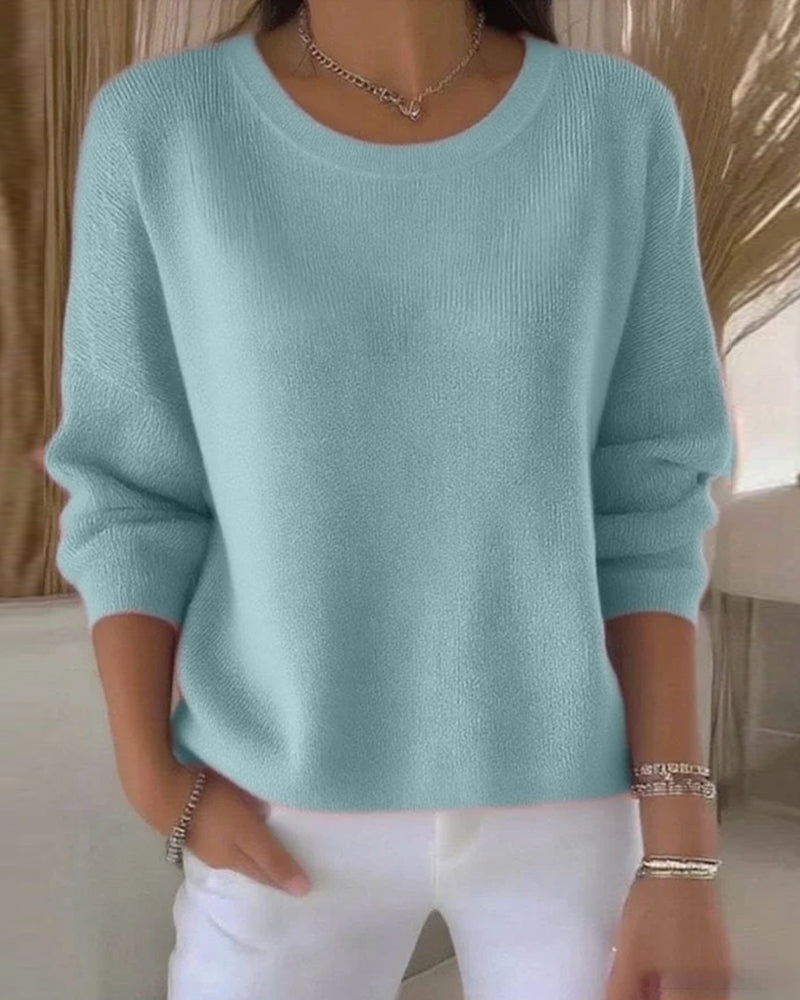 Solid Color Sweater with Round Neck and Drop Shoulder