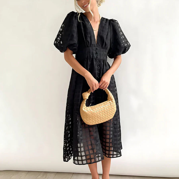 Caelis - Classic Patterned Puff Sleeve Midi Dress