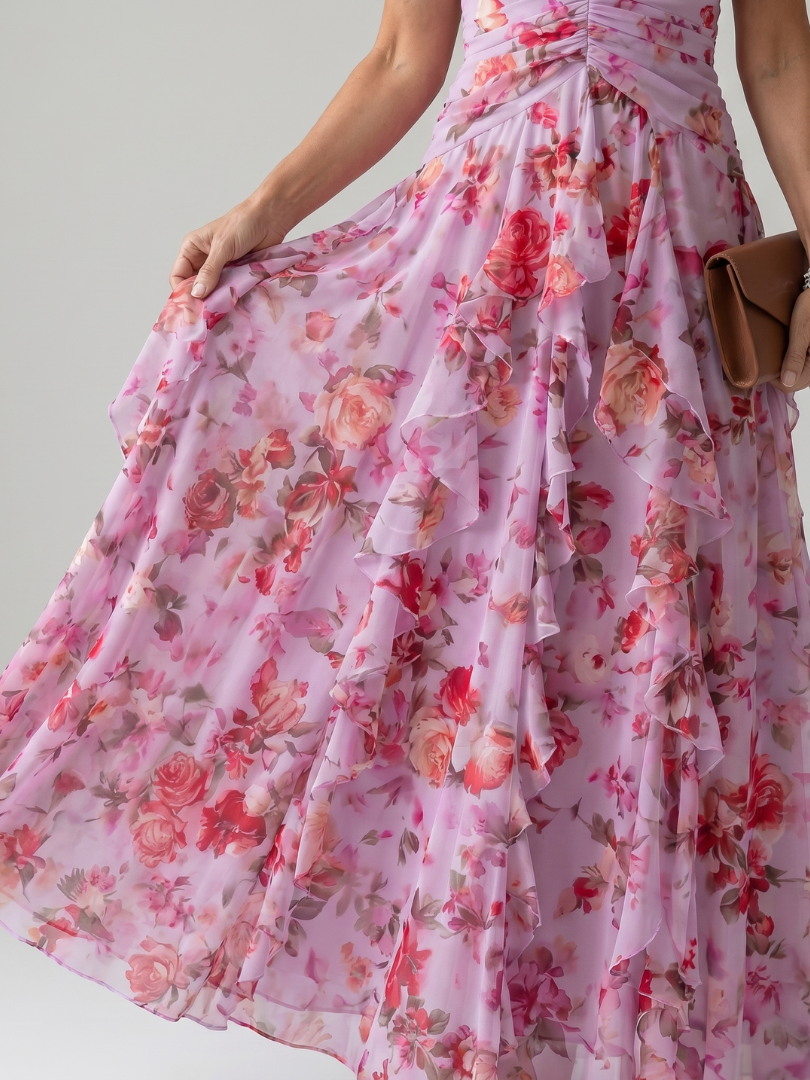 Liora | Halter Neck Ruched Bodice Floral Maxi Dress