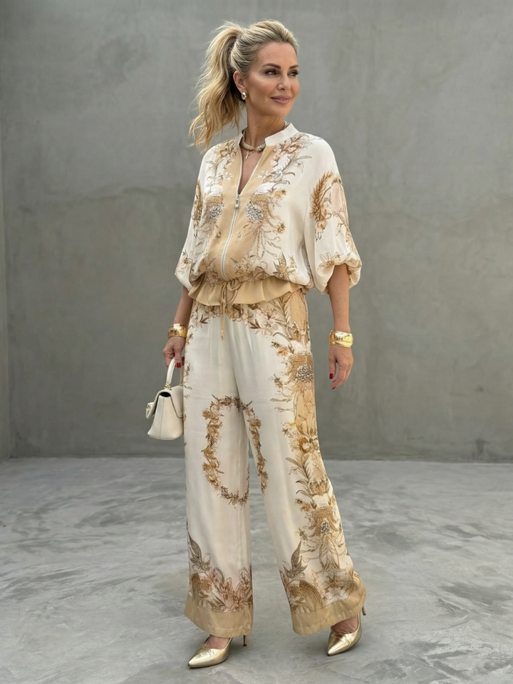 Malia | Zip-Front Blouson Top Printed Two-Piece Set