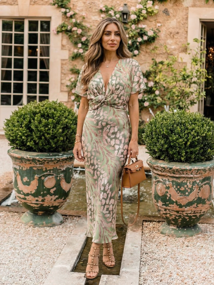 Milana | Abstract Print V Neck Twist Waist Midi Dress