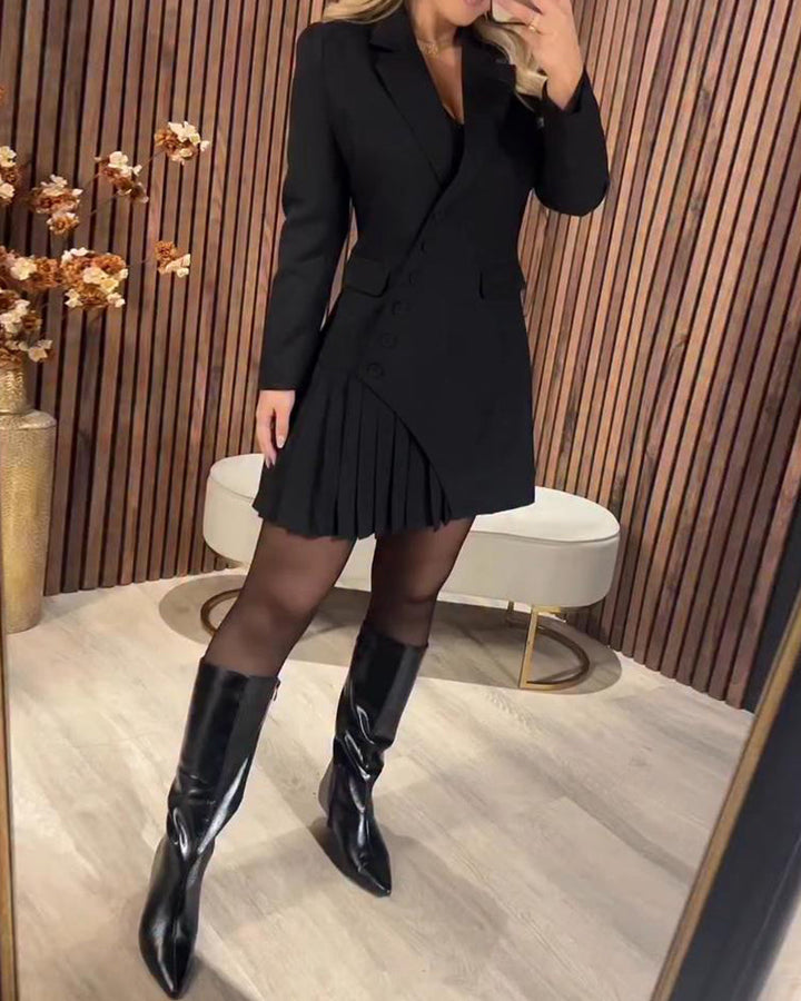 Solid Color Dress with Lapel and Blazer Style