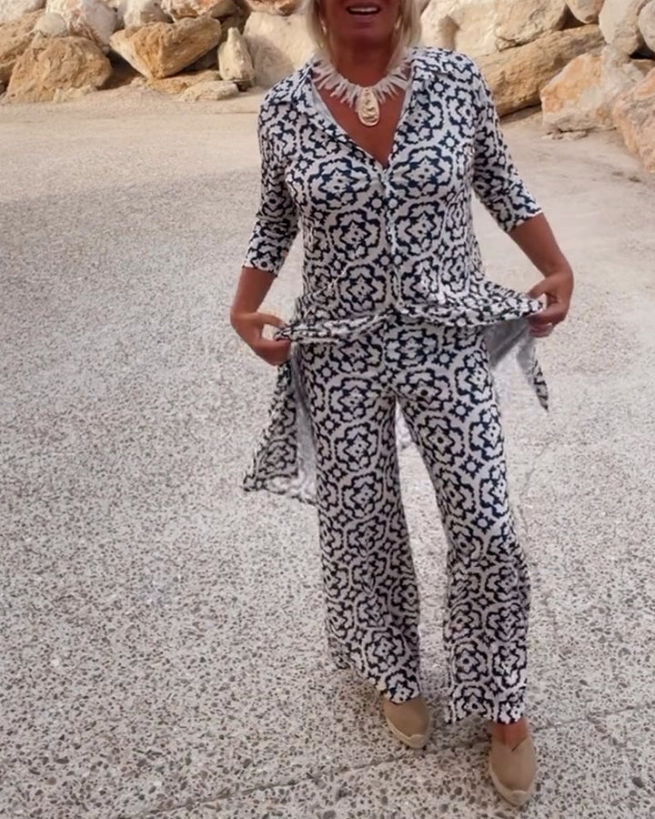Cassandra | Women's Printed V-Neck Tunic & Wide-Leg Pants Set