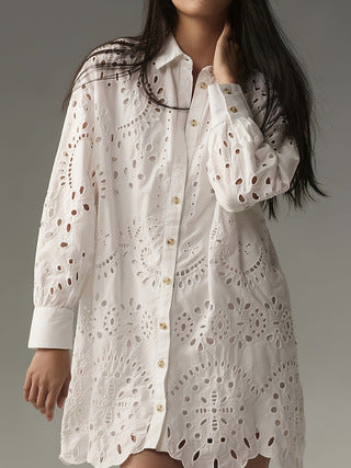 Isadora | Women's Eyelet Detail Button-Front Tunic Shirt