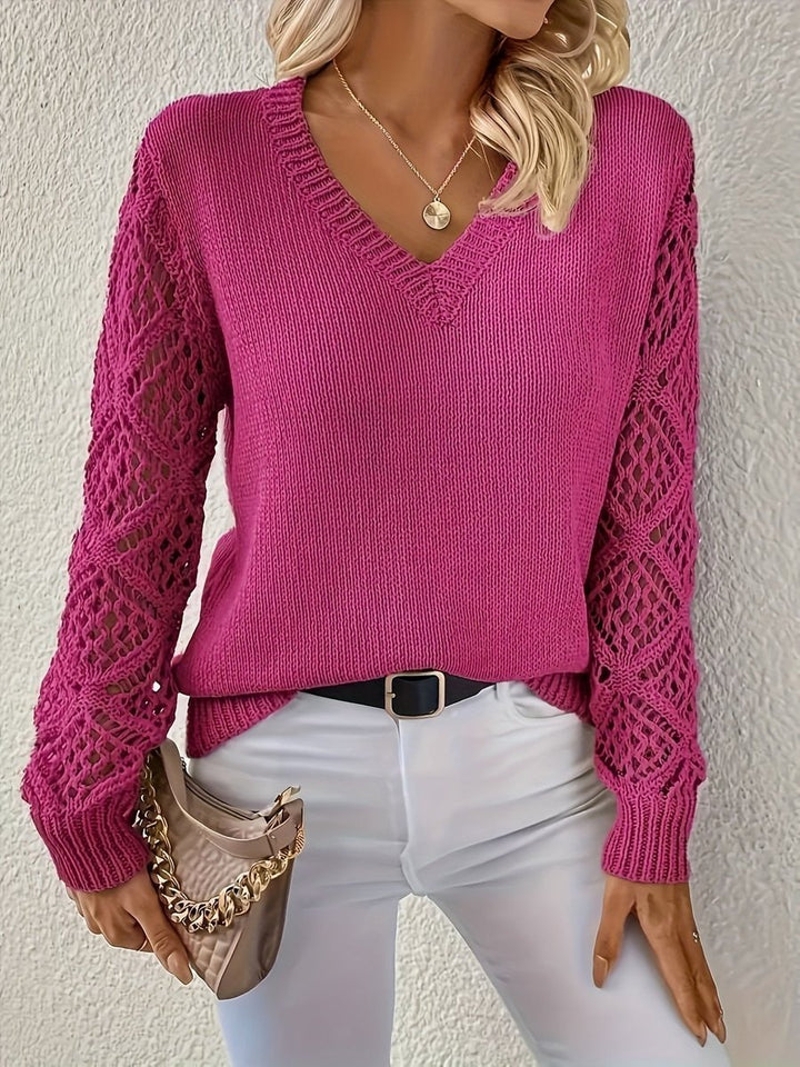 Aviana | Elegant Lace-Sleeve V-Neck Knitted Sweater