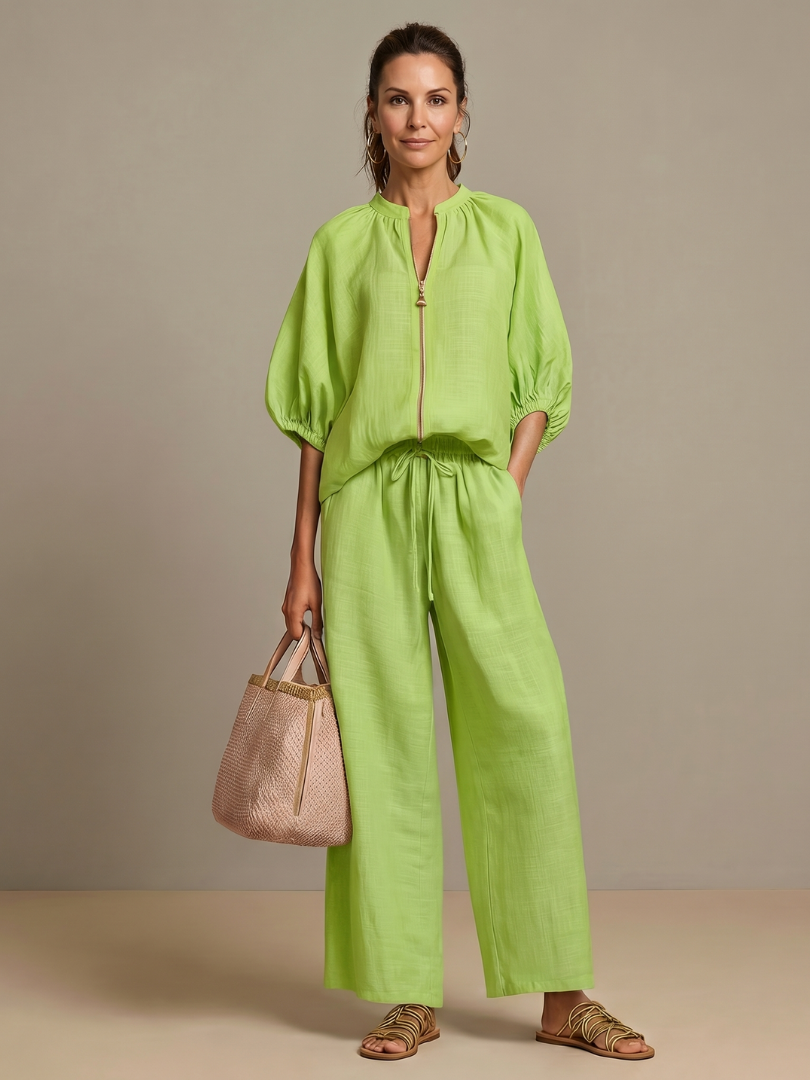 Helena | Zip-Front Blouson Top & Wide-Leg Trousers Two-Piece Set