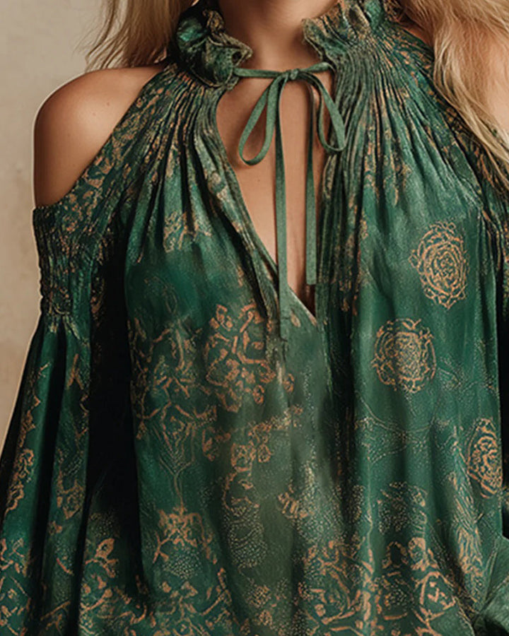 Lantern Sleeve Blouse with V-Neck and Tied Straps