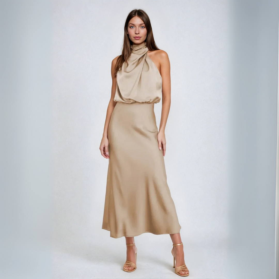 Carlina - Long satin dress with halter neckline