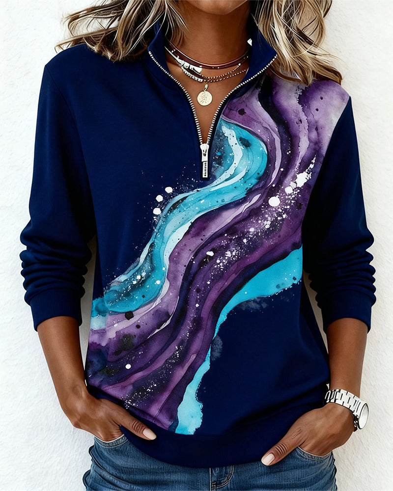 Long Sleeve Sweatshirt with Half-Zip and Print
