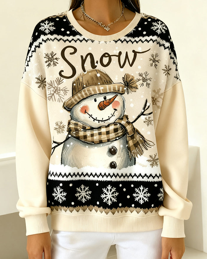 Long Sleeve Casual Sweatshirt with Snowman Print