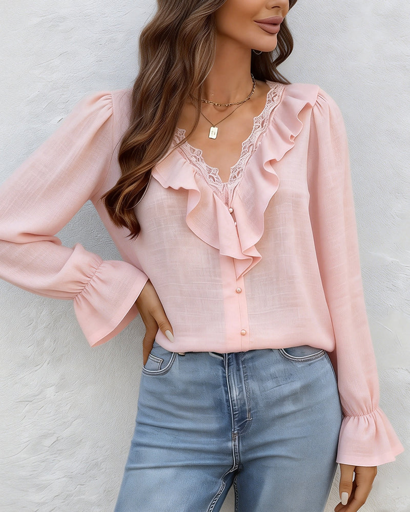 Lace Blouse with Ruffles and V-Neck