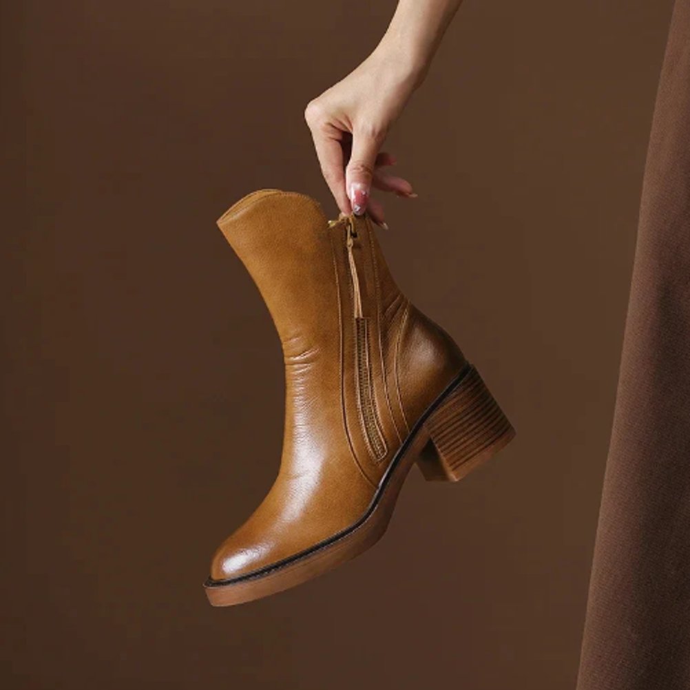 Samira | Smooth Leather Side-Zip Block-Heel Ankle Boots