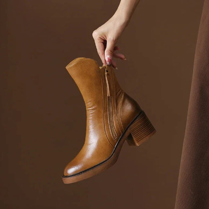 Samira | Smooth Leather Side-Zip Block-Heel Ankle Boots