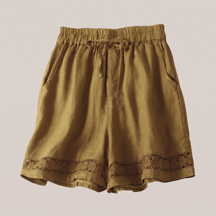 Riva | Relaxed Fit with Embroidered Lace Trim Linen Shorts