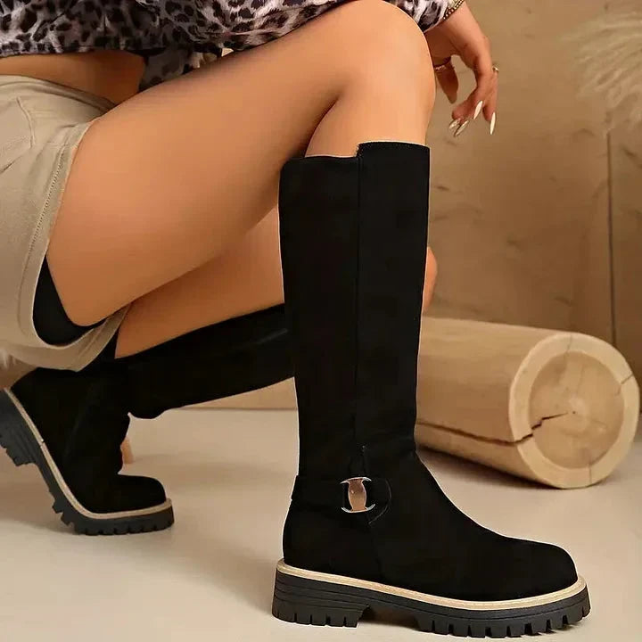 Lucienne | Chic Lug Sole Buckle Accent Knee High Boots