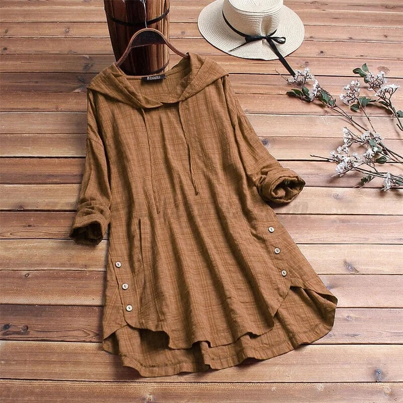 GHISELE – LINEN TUNIC HOODIE WITH BUTTON DETAILS