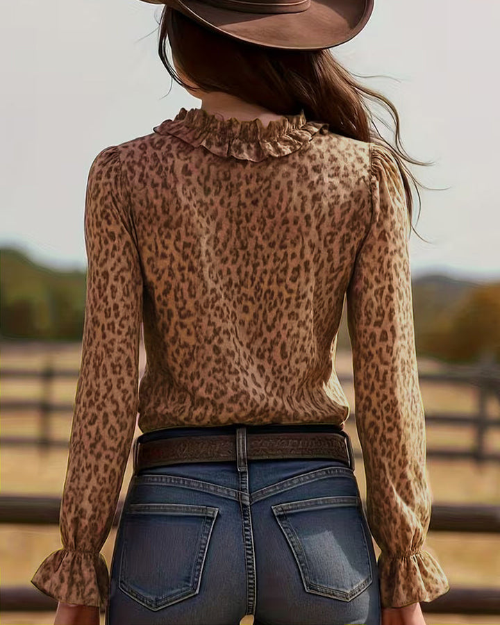Ruffled V-Neck Leopard Print Blouse